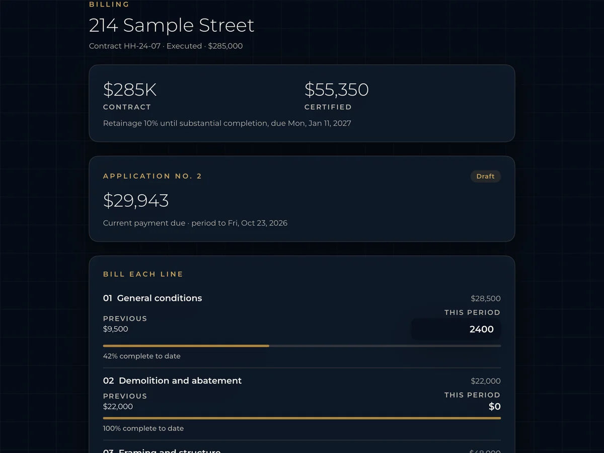 Haggai Home on iPad: pay application 2 for 214 Sample Street, billed line by line against the schedule of values, with the amount certified