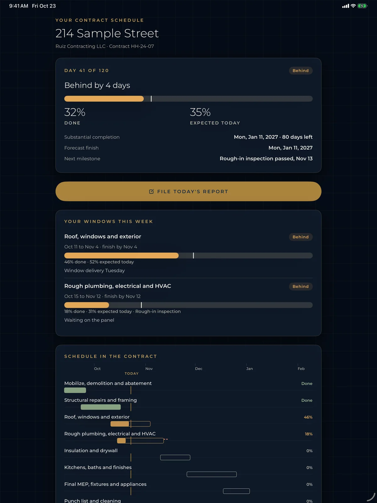 Haggai Home on iPad: the contract schedule, day 41 of 120, with each window against the contract
