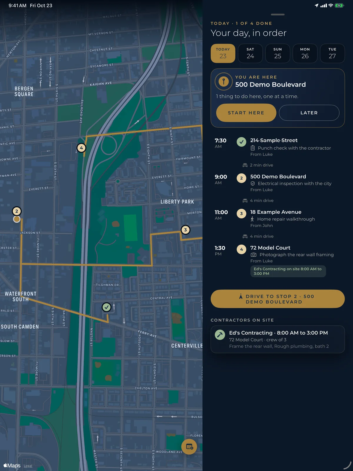 Haggai Home on iPad: today's stops on the map of South Camden, in order