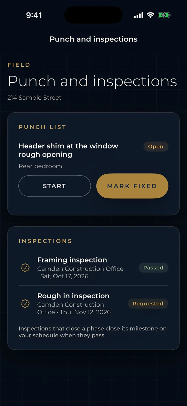 Haggai Home on iPhone: the punch list and inspections for 214 Sample Street