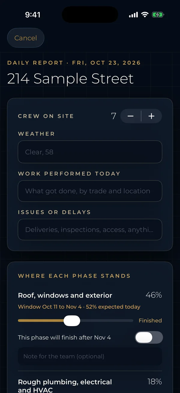 Haggai Home on iPhone: the general contractor's daily report, with where each phase stands