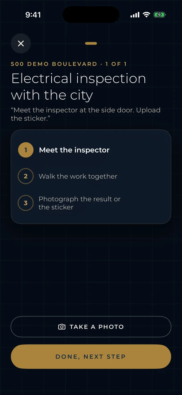 Haggai Home on iPhone: an electrical inspection at 500 Demo Boulevard, in three steps