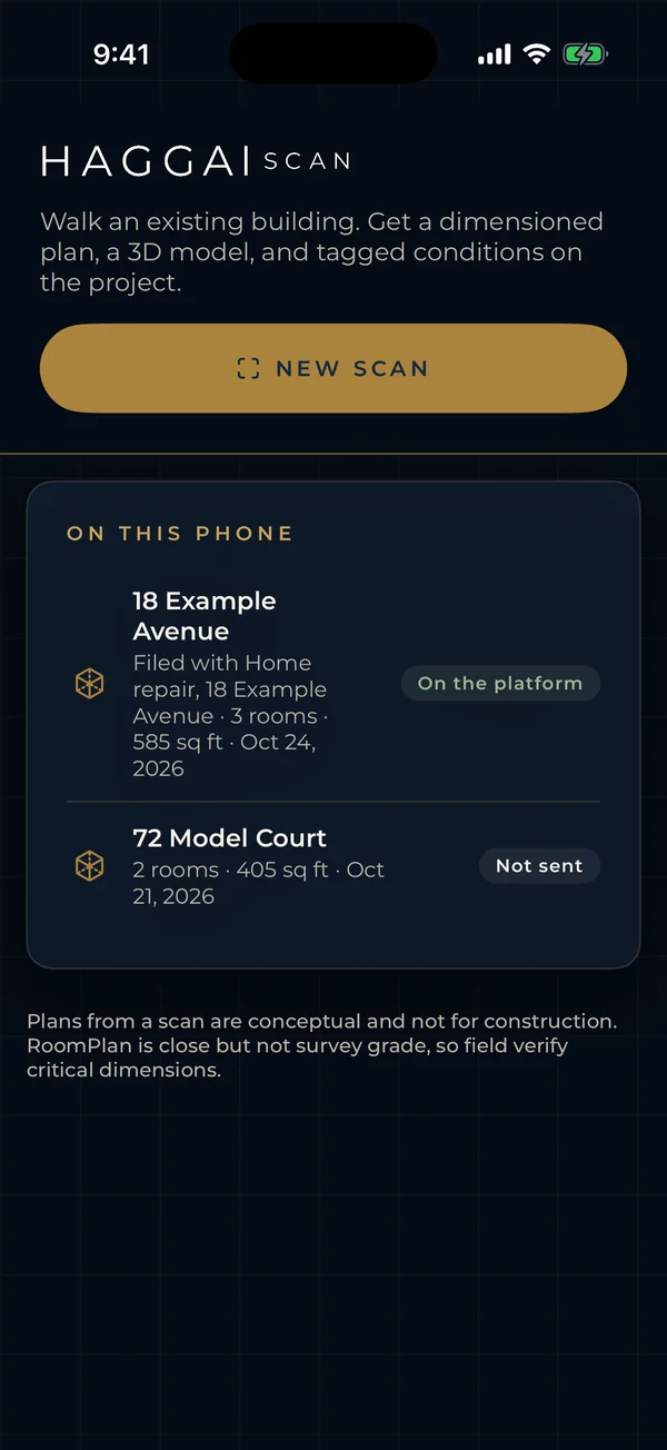 Haggai Scan in the Haggai Home app: New scan, and the scans saved on this phone with their status