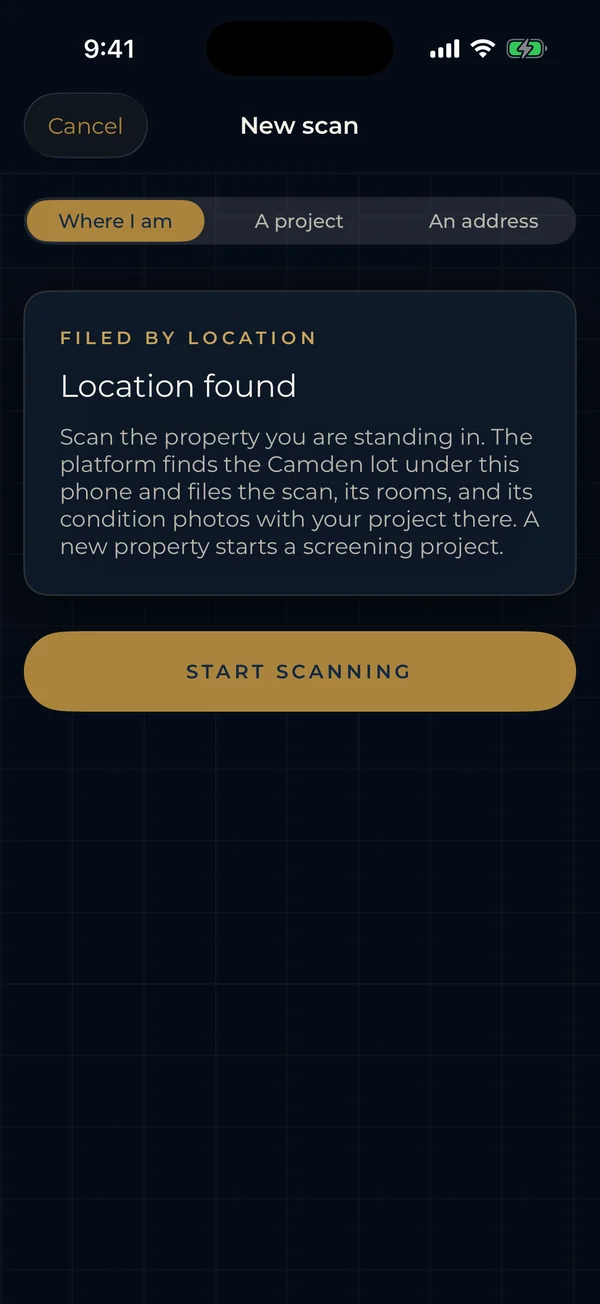 New scan, filed by location: the app finds the lot under the phone and files the scan with the project there