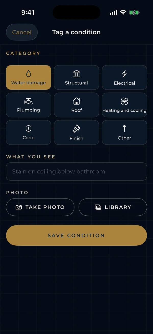 Tag a condition: choose the category, describe it, and take a photo