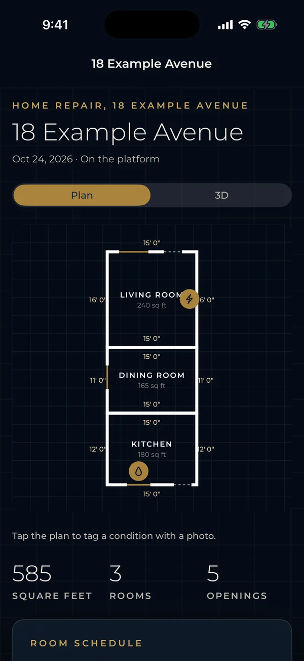 The finished scan: a dimensioned first floor plan of three rooms, 585 square feet, with two conditions tagged